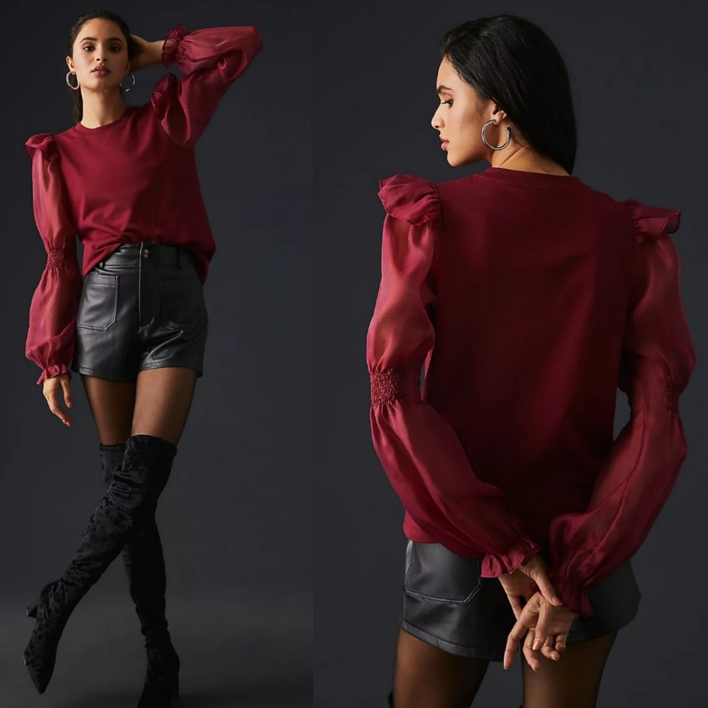Anthropologie English Factory Ruffled Puff-Sleeve Burgundy Blouse